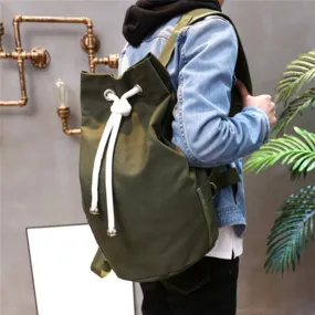 Casual Men Canvas Large Capacity Barrel Backpack Simple Travel Rucksack Army Green Back Pack Teenager School Backpack