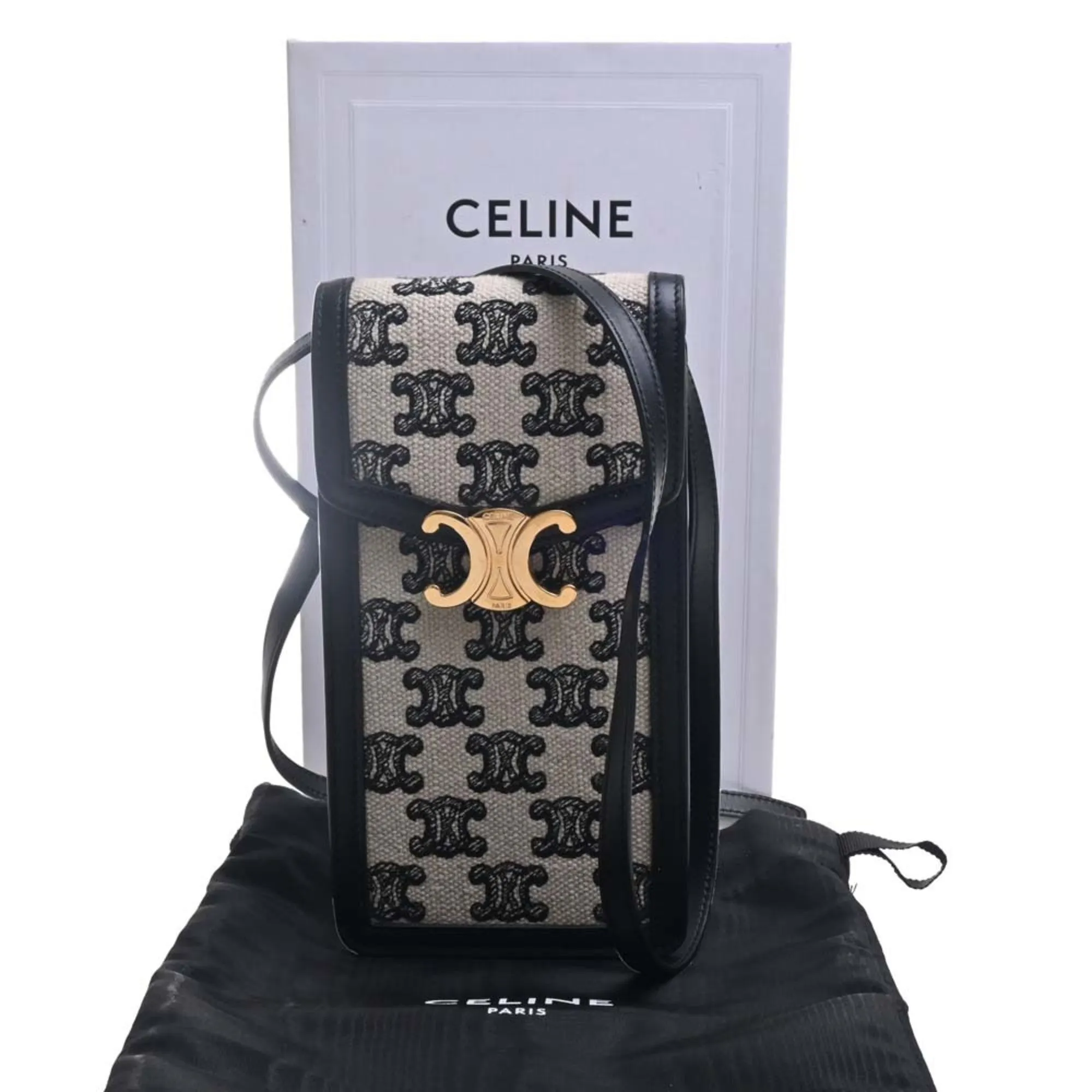 Celine Leather Canvas Triomphe Vertical Mobile Pouch Shoulder Bag Black Women's