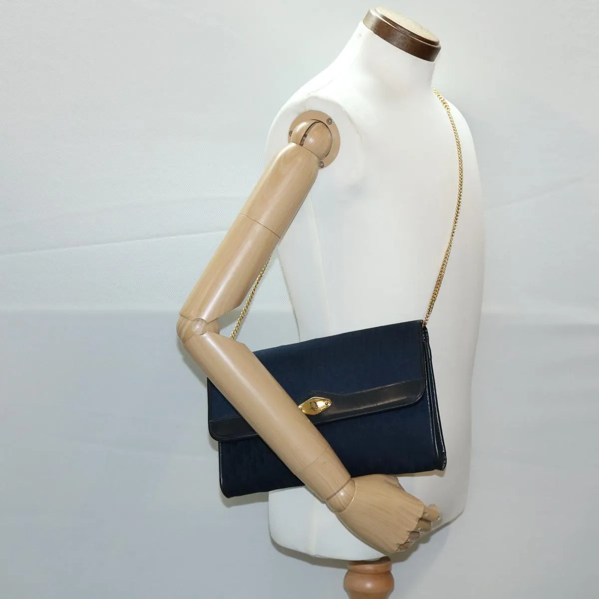 CHRISTIAN DIOR Trotter Canvas Chain Shoulder Bag Navy Auth rd2392