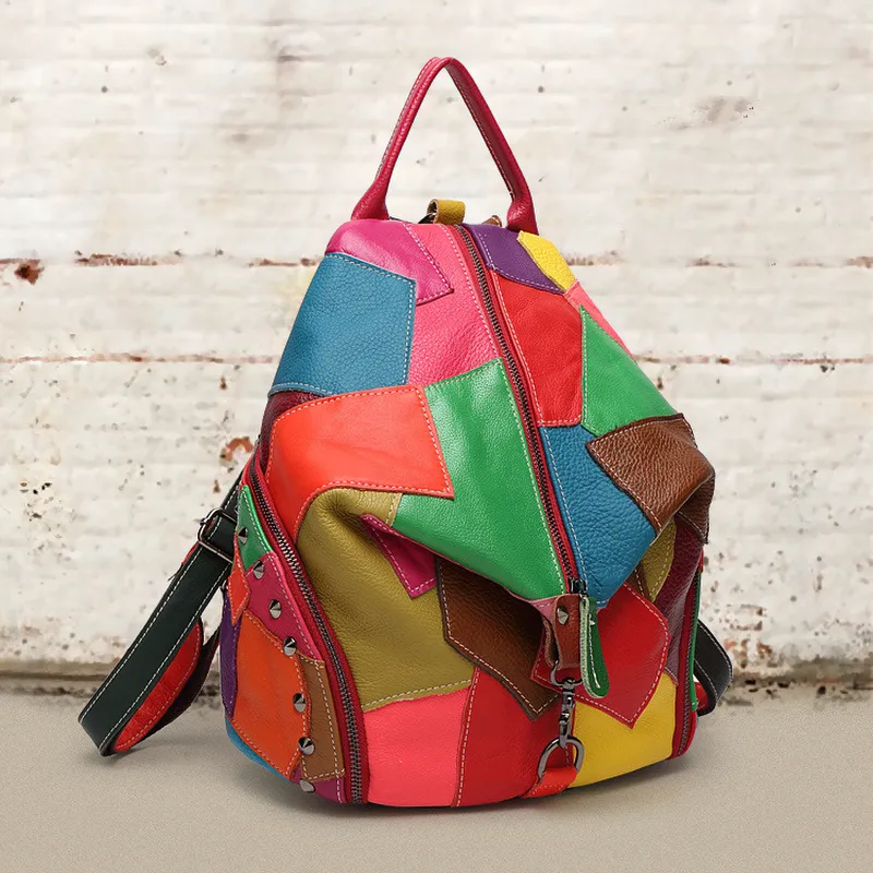 Fashion Panelled Designer Women Bag / Genuine Leather Backpack with Luxury Large Capacity