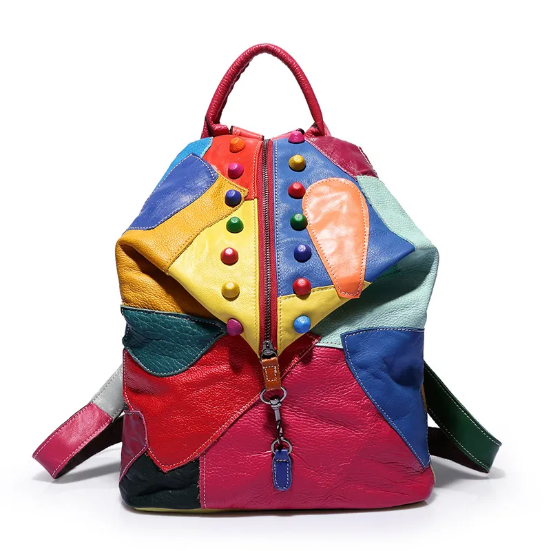Fashion Panelled Designer Women Bag / Genuine Leather Backpack with Luxury Large Capacity