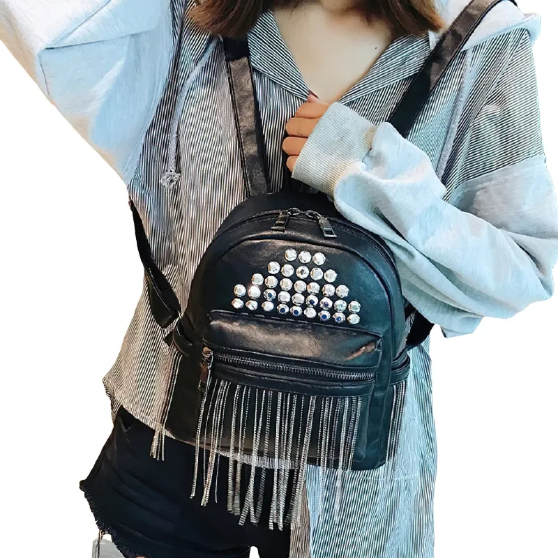Fashion Women's Mini Black Backpacks / Luxury PU Leather Bag For Girls