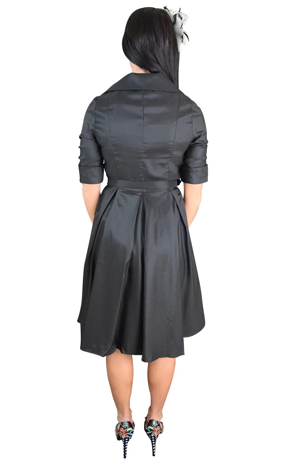 Gothic Steampunk Black Belted Military Style Swing Dress