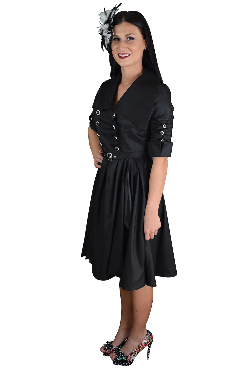 Gothic Steampunk Black Belted Military Style Swing Dress