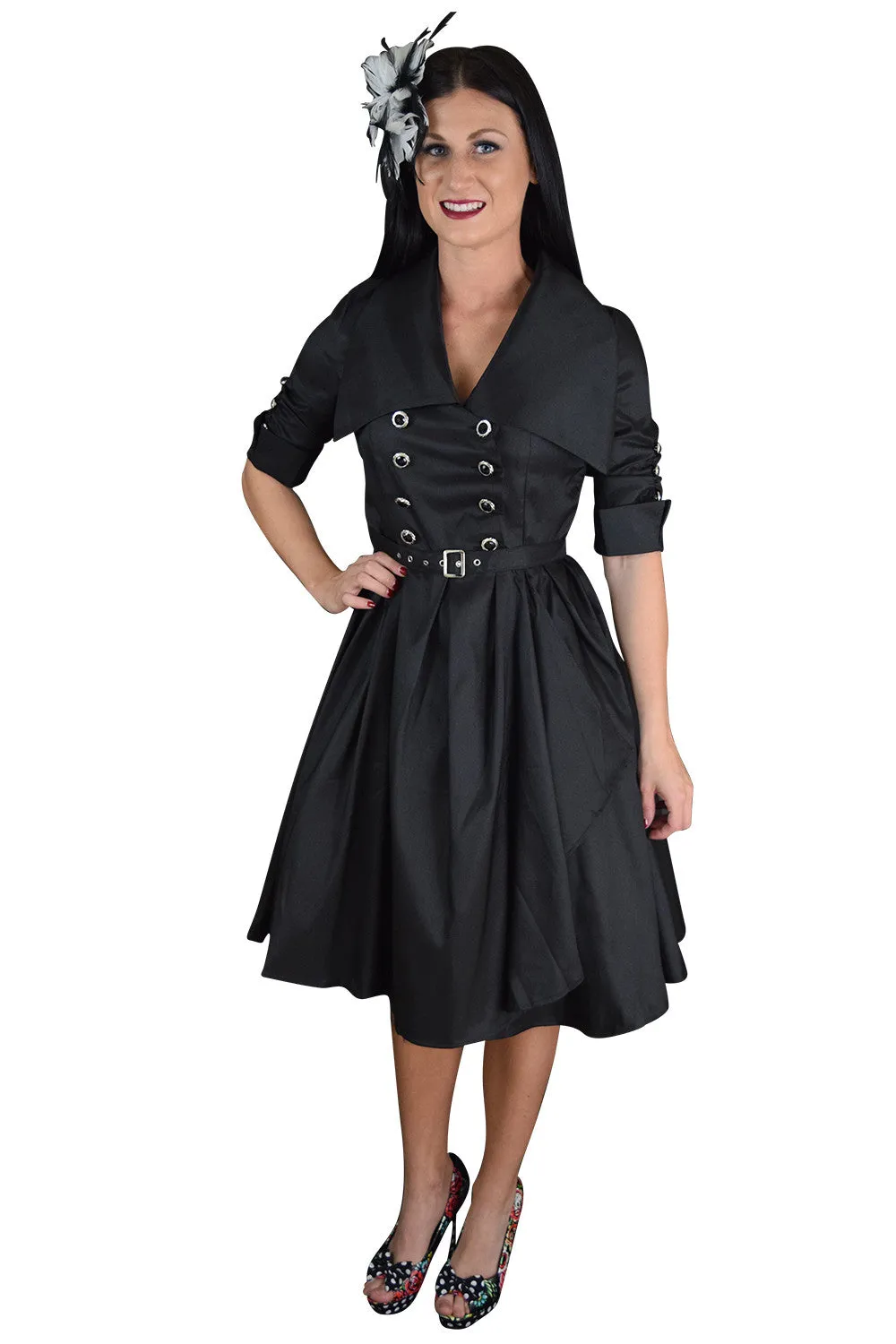Gothic Steampunk Black Belted Military Style Swing Dress