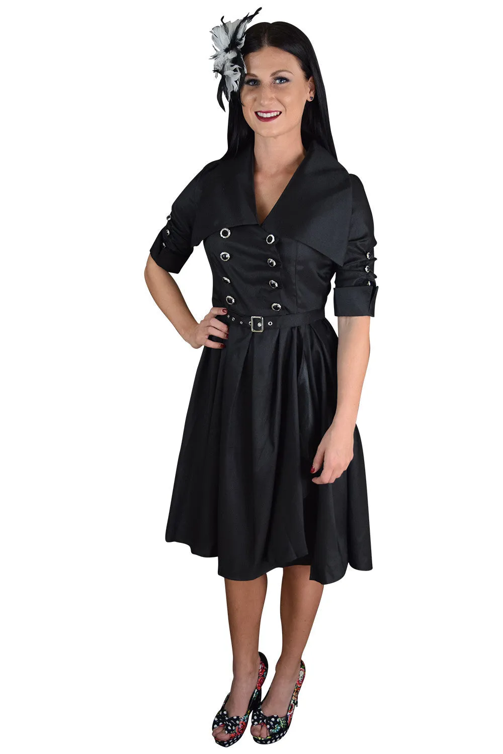 Gothic Steampunk Black Belted Military Style Swing Dress