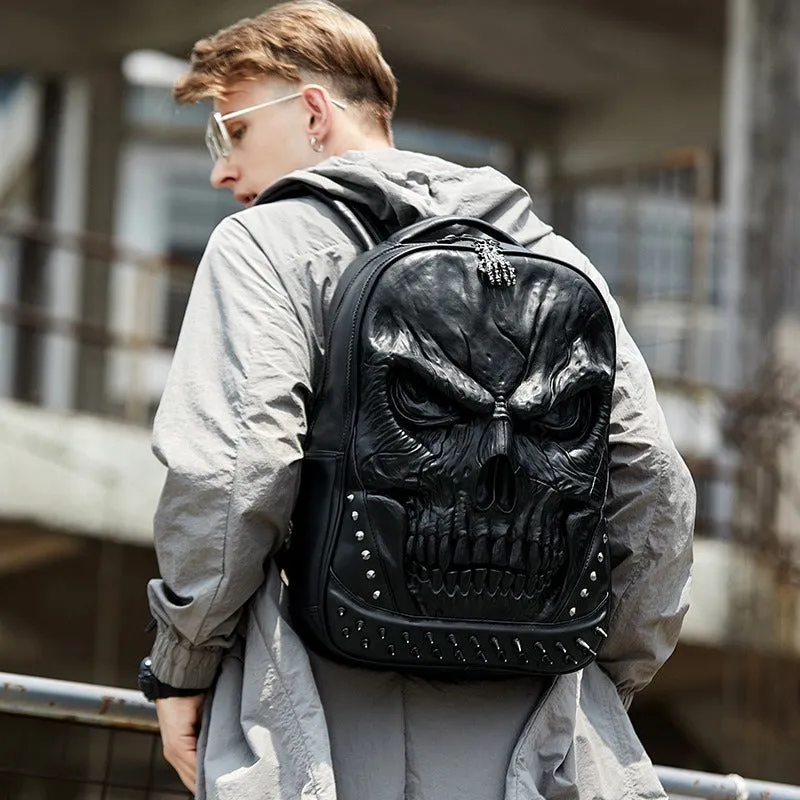 PU Leather Backpacks For Men and Women / Luxury Designe Large Capacity Laptop Bag with Skull