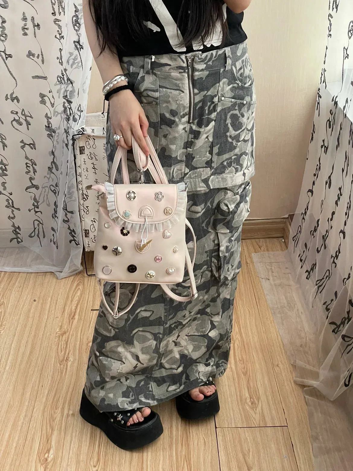 UAKISS  -  Spicy Girl Lace Button Diamond Niche Backpack Women's Fashionable Casual Small Backpacks Travel Bag