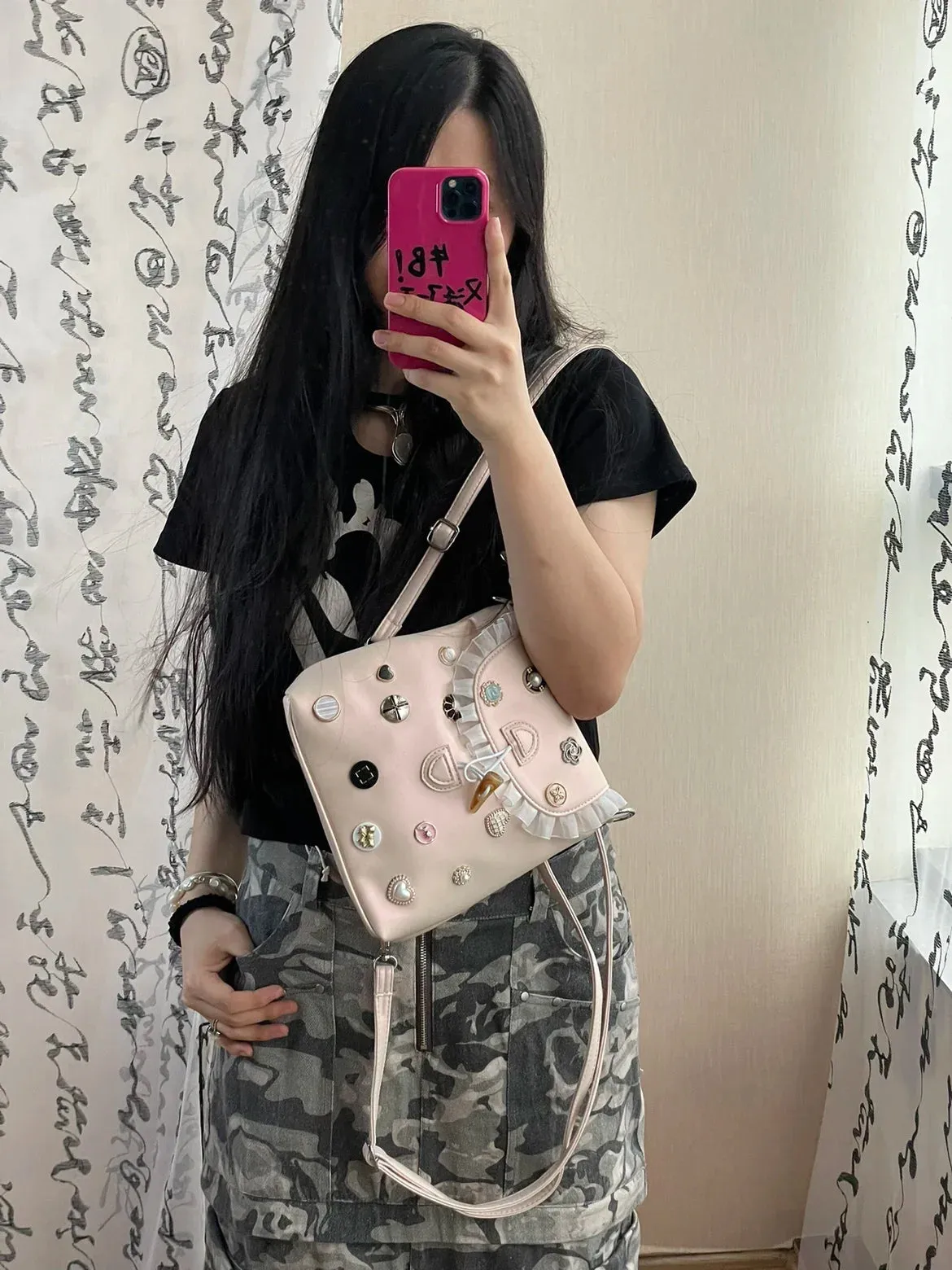 UAKISS  -  Spicy Girl Lace Button Diamond Niche Backpack Women's Fashionable Casual Small Backpacks Travel Bag