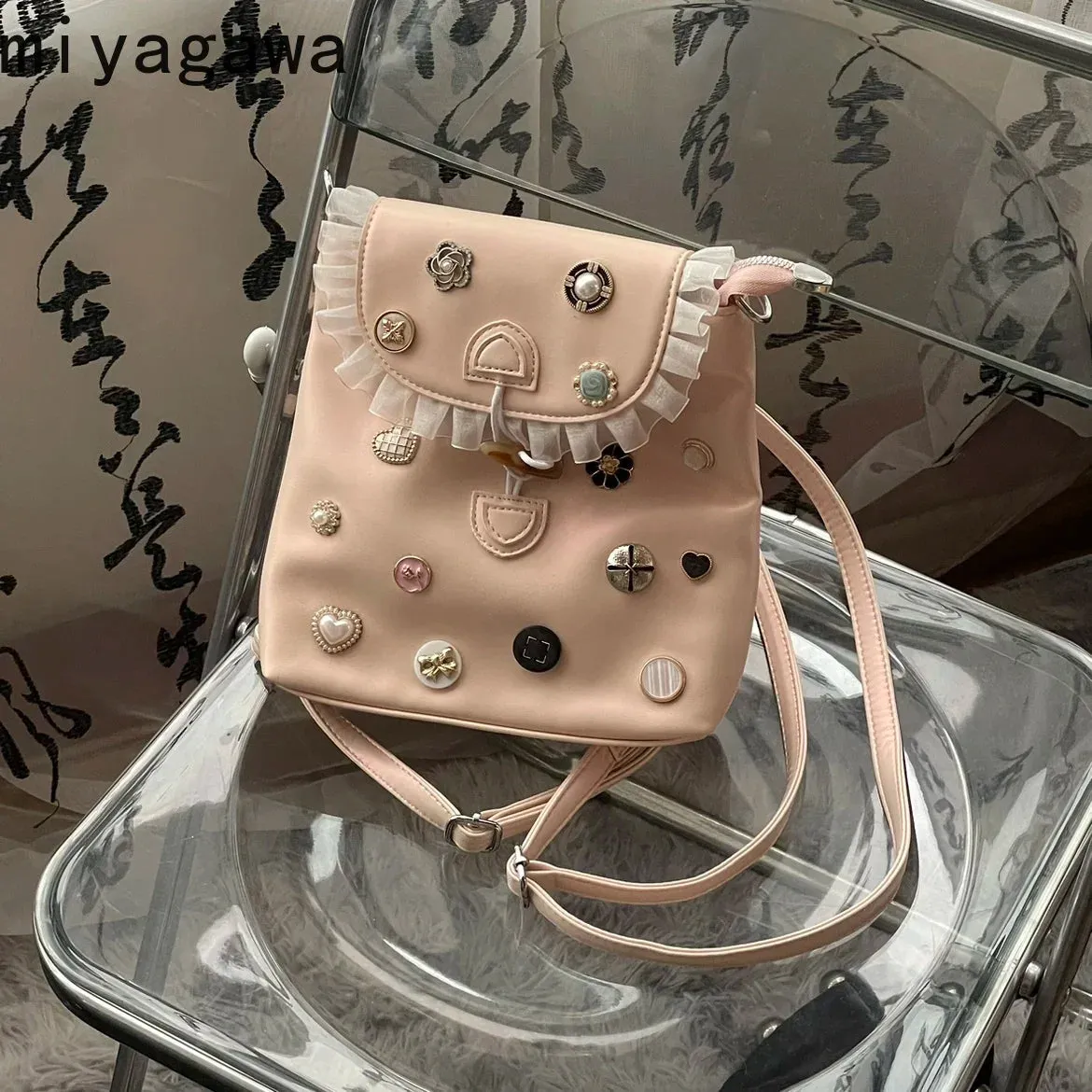 UAKISS  -  Spicy Girl Lace Button Diamond Niche Backpack Women's Fashionable Casual Small Backpacks Travel Bag
