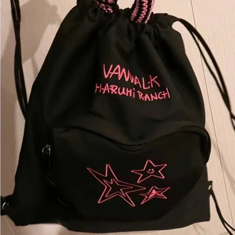 UAKISS  -  Vintage Star Trendy Letter Embroidery Backpacks Y2k Simple Preppy Drawstring Schoolbags Fashion Women Casual Travel Rucksacks