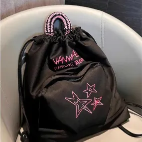 UAKISS  -  Vintage Star Trendy Letter Embroidery Backpacks Y2k Simple Preppy Drawstring Schoolbags Fashion Women Casual Travel Rucksacks