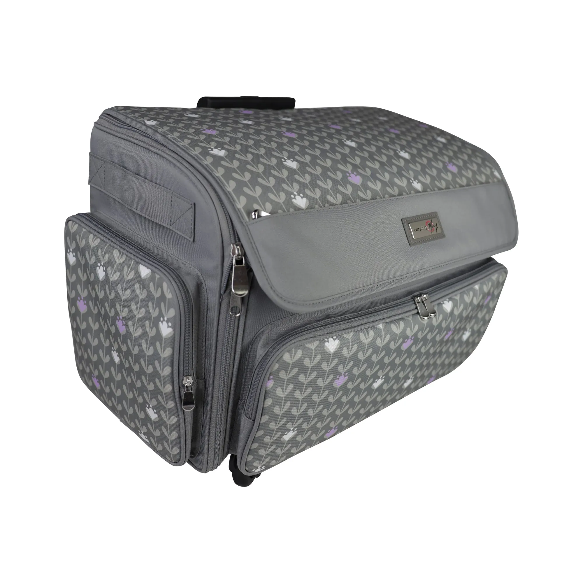 XL 4 Wheel Collapsible Deluxe Rolling Sewing Machine Storage Case, Purple Floral